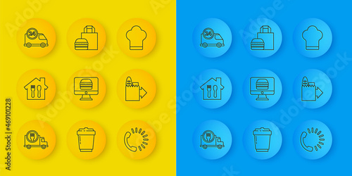 Set line Fast delivery by car, Online ordering and, Food, Chef hat and burger icon. Vector