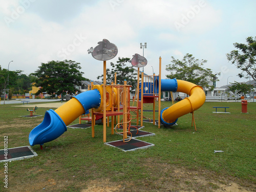 MALACCA, MALAYSIA -MAY 02, 2016: Children's outdoor playground in the public park. It was designed with a few different themes and colors to give a different experience to the kids. 
