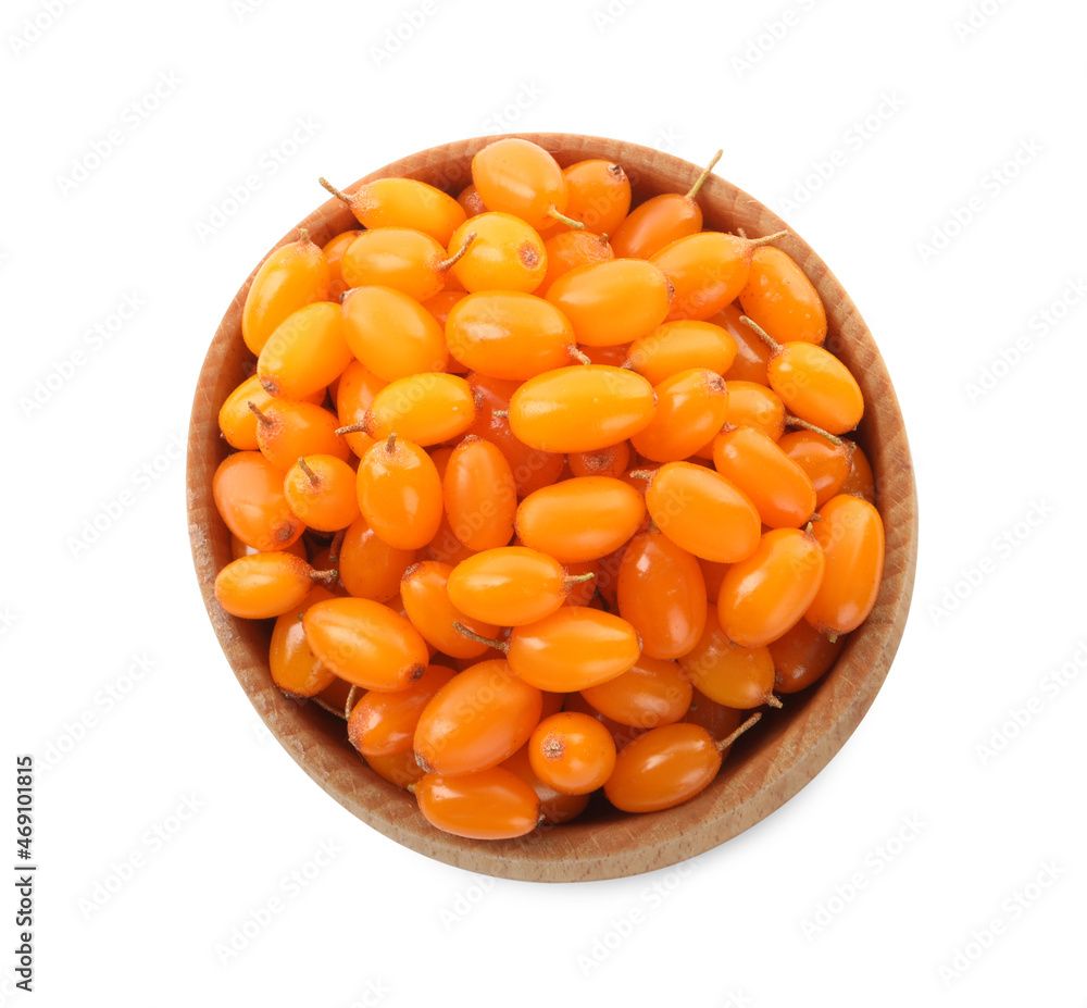 Fresh ripe sea buckthorn berries in bowl on white background, top view Fresh ripe sea buckthorn berries in bowl on white background, top view