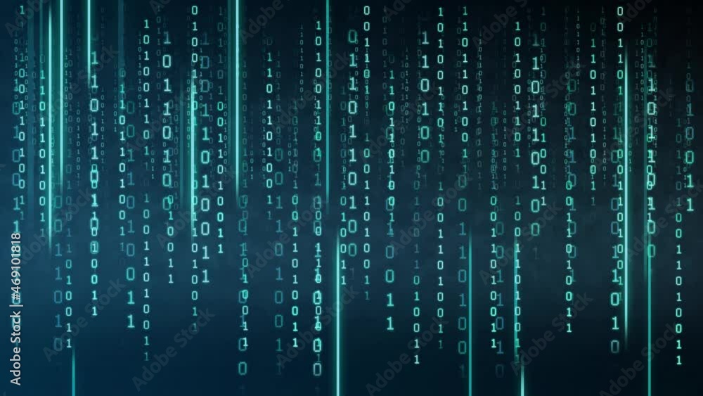 Binary code on a dark background. Abstract animated background from particles of a computer program. Hacker attacks and cyber security concept.