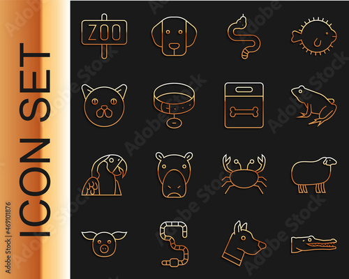 Set line Crocodile, Sheep, Frog, Snake, Collar with name tag, Cat, Zoo park and Dog bone icon. Vector photo