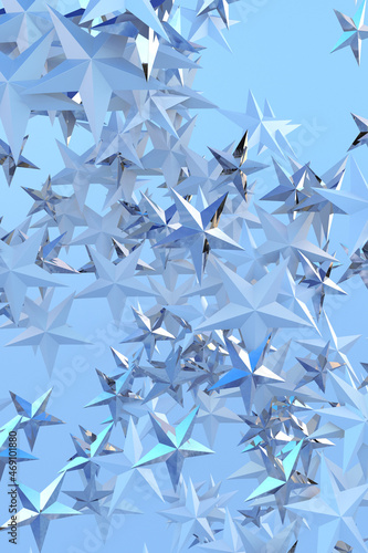 3D abstract background with silver blue stars. Design template. Creative festive poster illustration