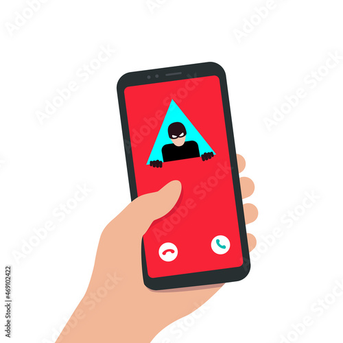 Spam Call to your Smartphone. Hacker attack. The concept of spam data, insecure connection, online fraud and malware through fake calls, phishing, social engineering. Vector illustration i