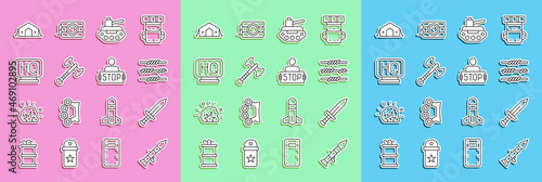 Set line Rocket launcher, Sword, Barbed wire, Military tank, War axe, headquarters, medical tent and Stop war icon. Vector