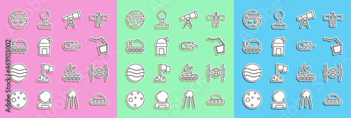 Set line UFO flying spaceship, Cosmic, Great Bear constellation, Telescope, Astronomical observatory, Mars rover, Planet and Comet falling down fast icon. Vector