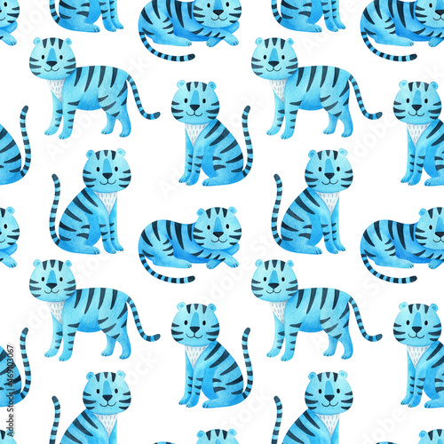 Seamless pattern with blue tigers. Endless ornament of the new year 2022 on a white background. A watercolor drawing of a cute  cartoon animal . Print for gift packaging  wallpaper  paper  fabric