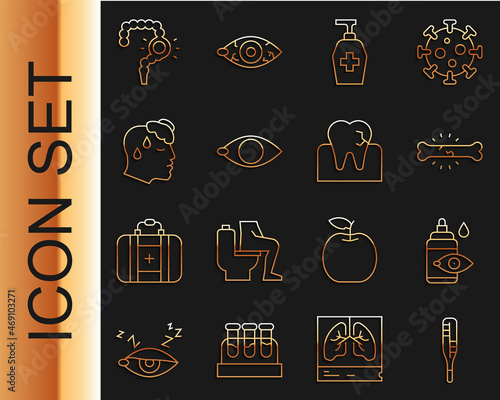 Set line Medical thermometer, Eye drop bottle, Bone pain, Liquid antibacterial soap, Blindness, High human body temperature, Gut constipation and Tooth with caries icon. Vector