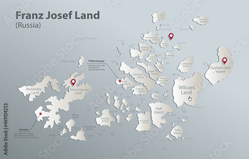 Franz Josef Land map, administrative division with names, blue white card paper 3D vector