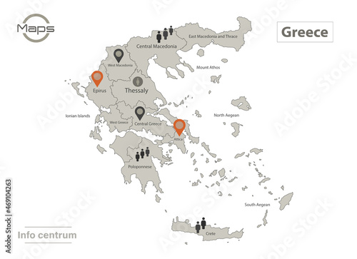 Greece map  individual regions with names  Infographics and icons vector