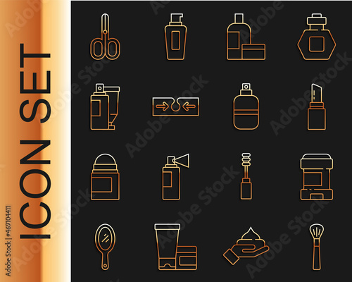 Set line Makeup brush, Antiperspirant deodorant roll, Lipstick, Cream lotion cosmetic tube, Acne, Scissors and Perfume icon. Vector