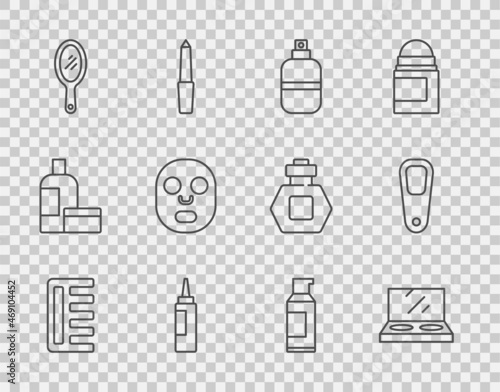 Set line Hairbrush, Makeup powder with mirror, Perfume, Cream lotion cosmetic tube, Hand, Facial mask, Spray can for hairspray and Pumice feet icon. Vector