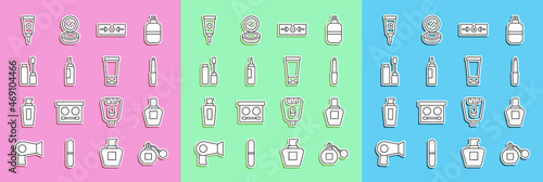 Set line Perfume, Nail file, Acne, Cream or lotion cosmetic tube, Mascara brush, and icon. Vector