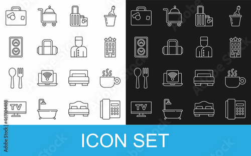 Set line Telephone handset, Coffee cup, Hotel building, Suitcase, Lift, and Concierge icon. Vector