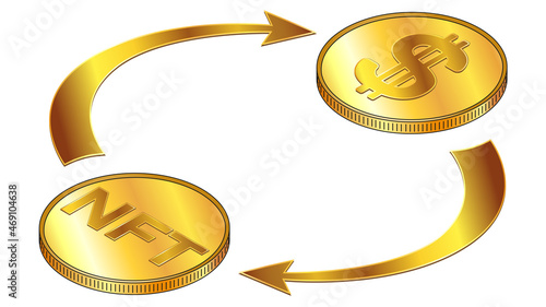 NFT and Dollars USD circulation isometric concept with gold coins and cyclical arrows isolated on white. Rotation of non fungible tokens and money. Design element.