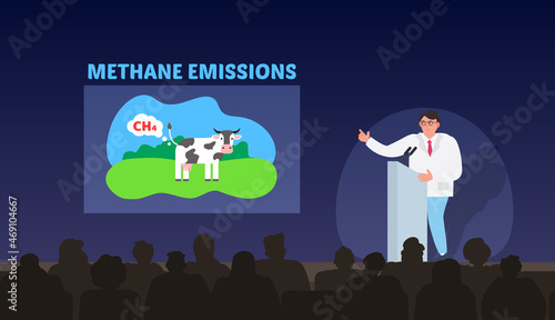 scientist  reporting on  climate conference cow emits  methane ch4 global ecology problem vector illustration