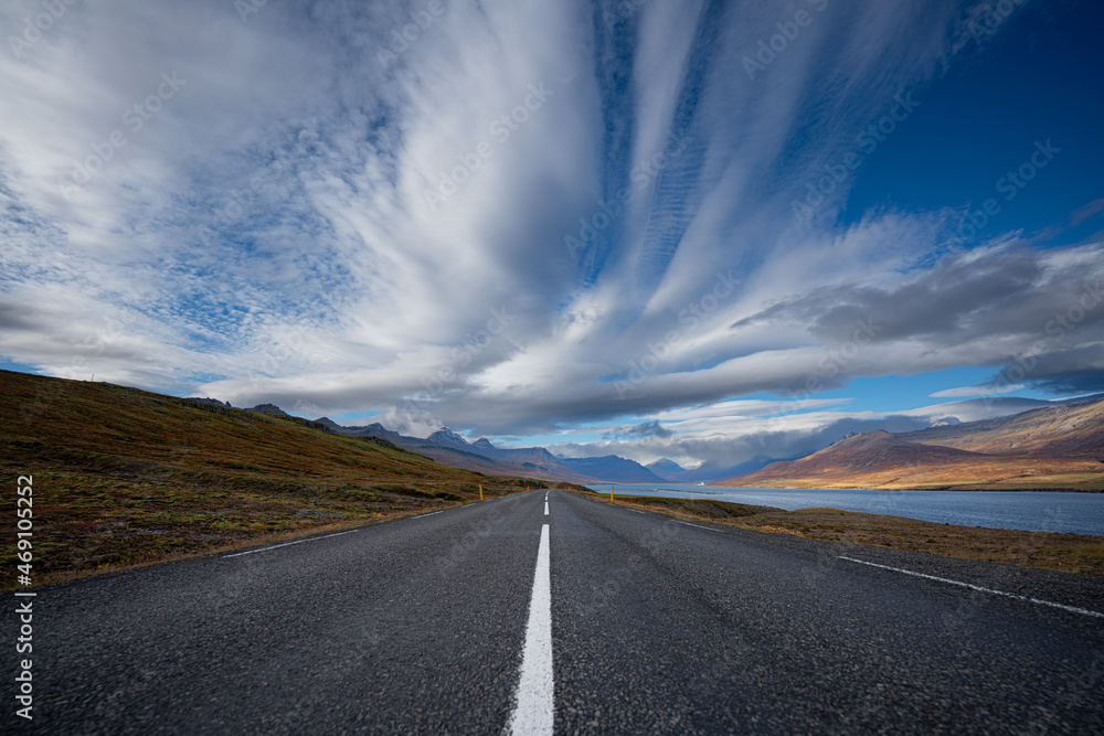 Fototapeta premium Route 1 Ring Road under the clouds, Iceland