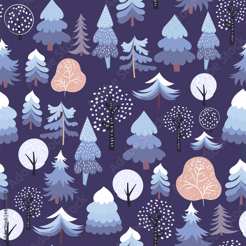 Winter Night seamless pattern with Christmas trees, shrubs on a dark background. Stylized various fir trees creative print in a simple hand-drawn style for textiles, wrapping paper, postcards. Vector