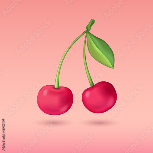 Vector 3d cartoon plasticine illustration of two cherries with leaf