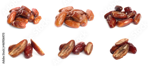 Set with tasty dried dates on white background. Banner design