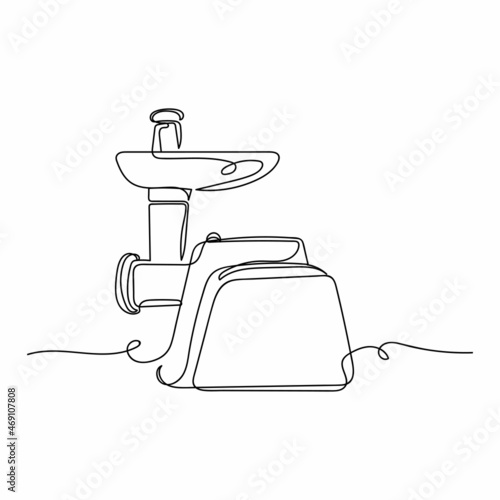 Vector continuous one single line drawing icon of modern electric meat grinder in silhouette on a white background. Linear stylized.