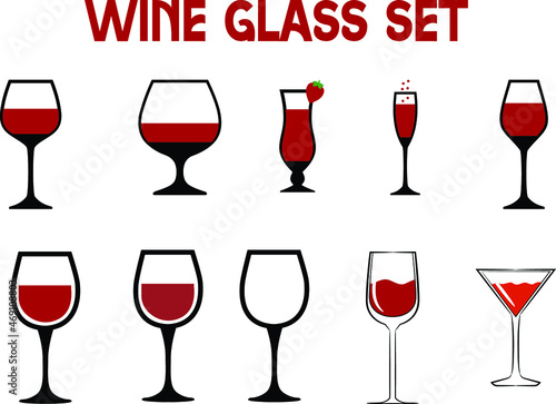 Set of Red Wine glasses. Set of transparent vector glasses for wine, martini, champagne and other, Silhouettes of wineglasses and bottles
