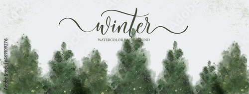 Watercolor green landscape of forest hill. Evergreen coniferous trees. Wild nature. Horizontal watercolor background