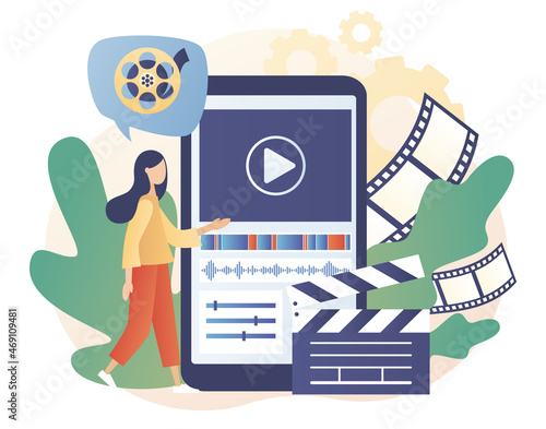 Video editor studio. Tiny woman footage editing and making multimedia content production in smartphone app. Video maker online. Modern flat cartoon style. Vector illustration on white background