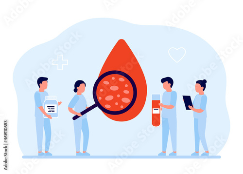 Blood test, science health on blood, donor help. Doctors study and examination health people, medicine aid. Vector illustration