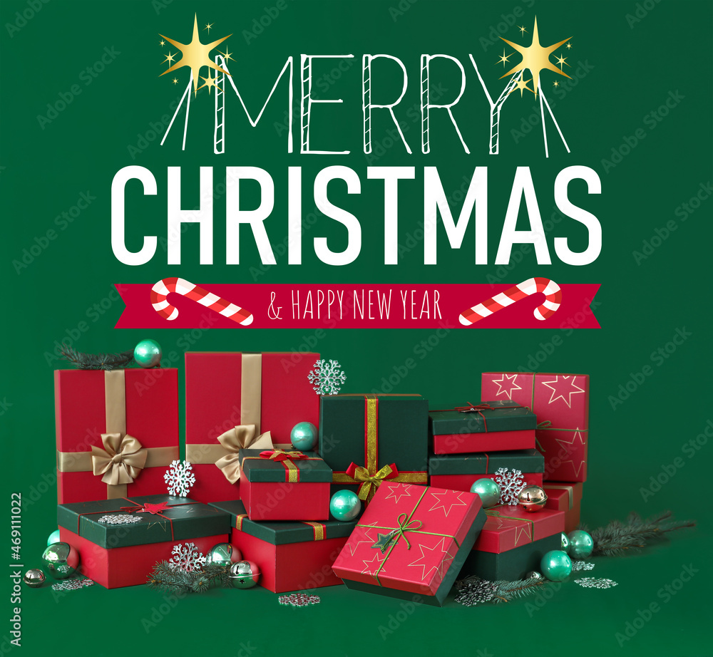 Beautiful greeting card for Merry Christmas and Happy New Year celebration with gifts Beautiful greeting card for Merry Christmas and Happy New Year celebration with gifts