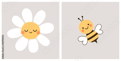 Sleeping daisy flower and bee cartoon on grey backgrounds vector illustration.