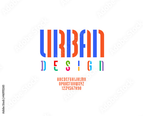 Stencil colorful font, condensed bright alphabet, modern geometric modular letters and numbers, book symbols for your design, vector illustration