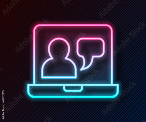 Glowing neon line Online education and graduation icon isolated on black background. Online teacher on monitor. Webinar and video seminar learning. Vector