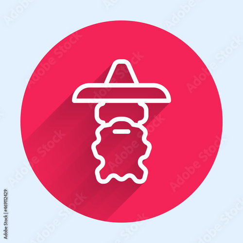White line Wizard warlock icon isolated with long shadow. Red circle button. Vector
