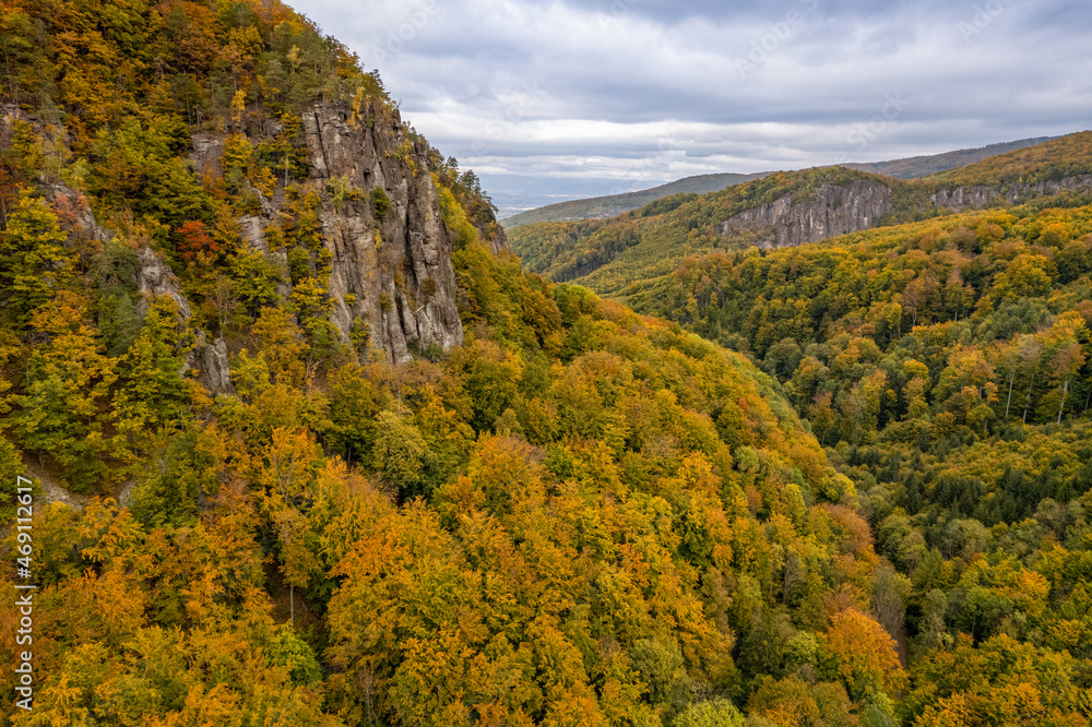 Beautiful aerial view of slovakian landscape in autumn. Mountain range Vtacnik.