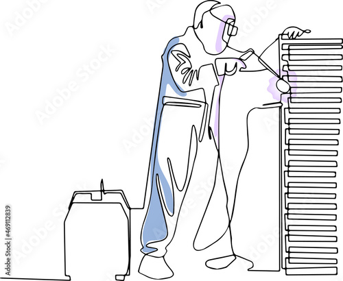 Continuous one line drawing of full length shot of a welder welding a metal isolated on white background. Minimal outline concept
