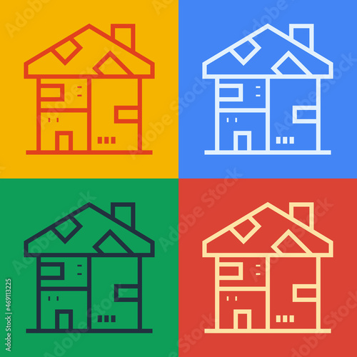 Pop art line Homeless cardboard house icon isolated on color background. Vector