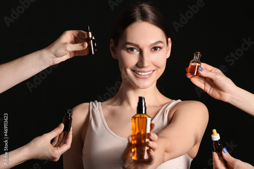 Happy woman and female hand...