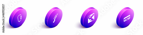 Set Isometric Carabiner, Sniper rifle with scope, Africa safari map and Hunting cartridge belt icon. Vector