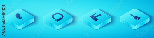 Set Isometric Rubber cleaner for windows, Washing dishes, Feather broom and Water tap icon. Vector