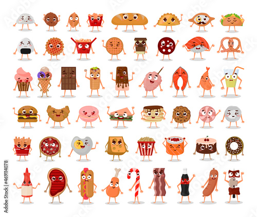 Collection of funny food characters. Cartoon illustrations.
