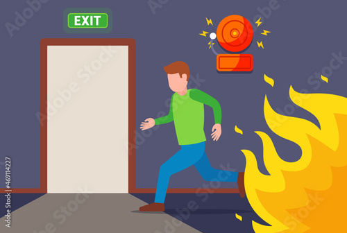 a man runs from the fire to the evacuation door. escape the fire. flat vector illustration.