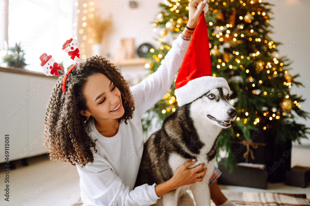 Young woman with a dog Husky on the background of the Christmas tree. Winter holidays. New year.