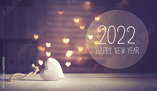 New Year 2022 message with a white heart with heart shaped lights