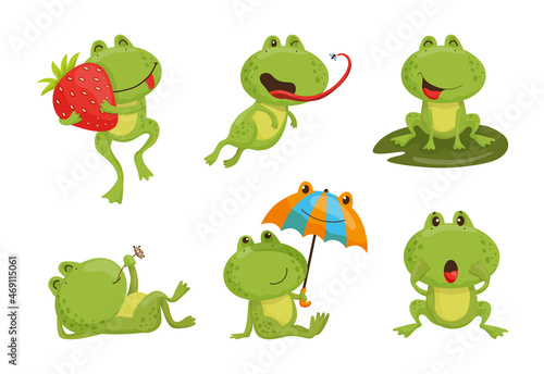 Collection of cartoon illustrations with frog performing different actions. Colorful cute character.
