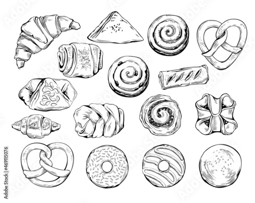 Vector Set of Hand-Drawn Illustrations of Sweet Baked Goods. Croissant, Doughnut, Pretzel, Yeast and Puff Pastry Buns with Nuts, Jam, Poppy, Cinnamon. Line Art Drawings Isolated on White Background