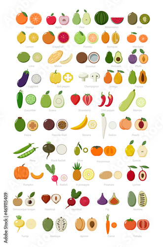 Colorful set of whole and cut fruits and vegetables in a flat style.