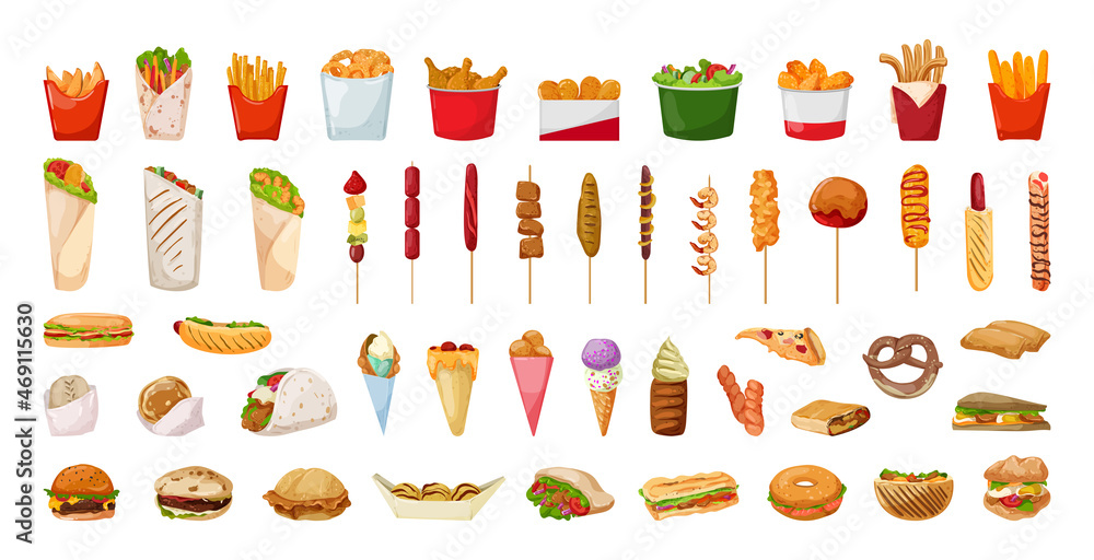 Collection of fast food in a detailed style. Junk food and pastries.