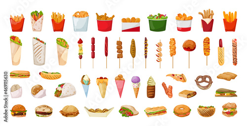 Collection of fast food in a detailed style. Junk food and pastries. © Marina