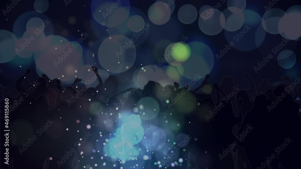 Animation of green and blue bokeh spots of light over dancing crowd, with spotlights Animation of green and blue bokeh spots of light over dancing crowd, with spotlights