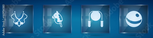 Set Slingshot, Toy horse, Jump rope and Beach ball. Square glass panels. Vector